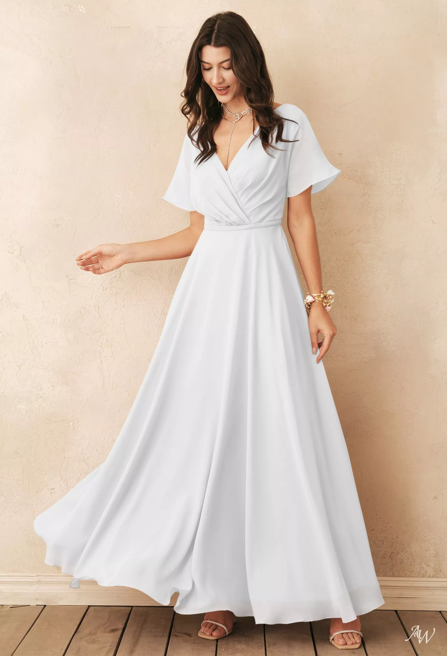 AW.Bridal A-line V-Neck Floor Length Short Sleeves Chiffon Plus Size Dresses White Plus Size 16