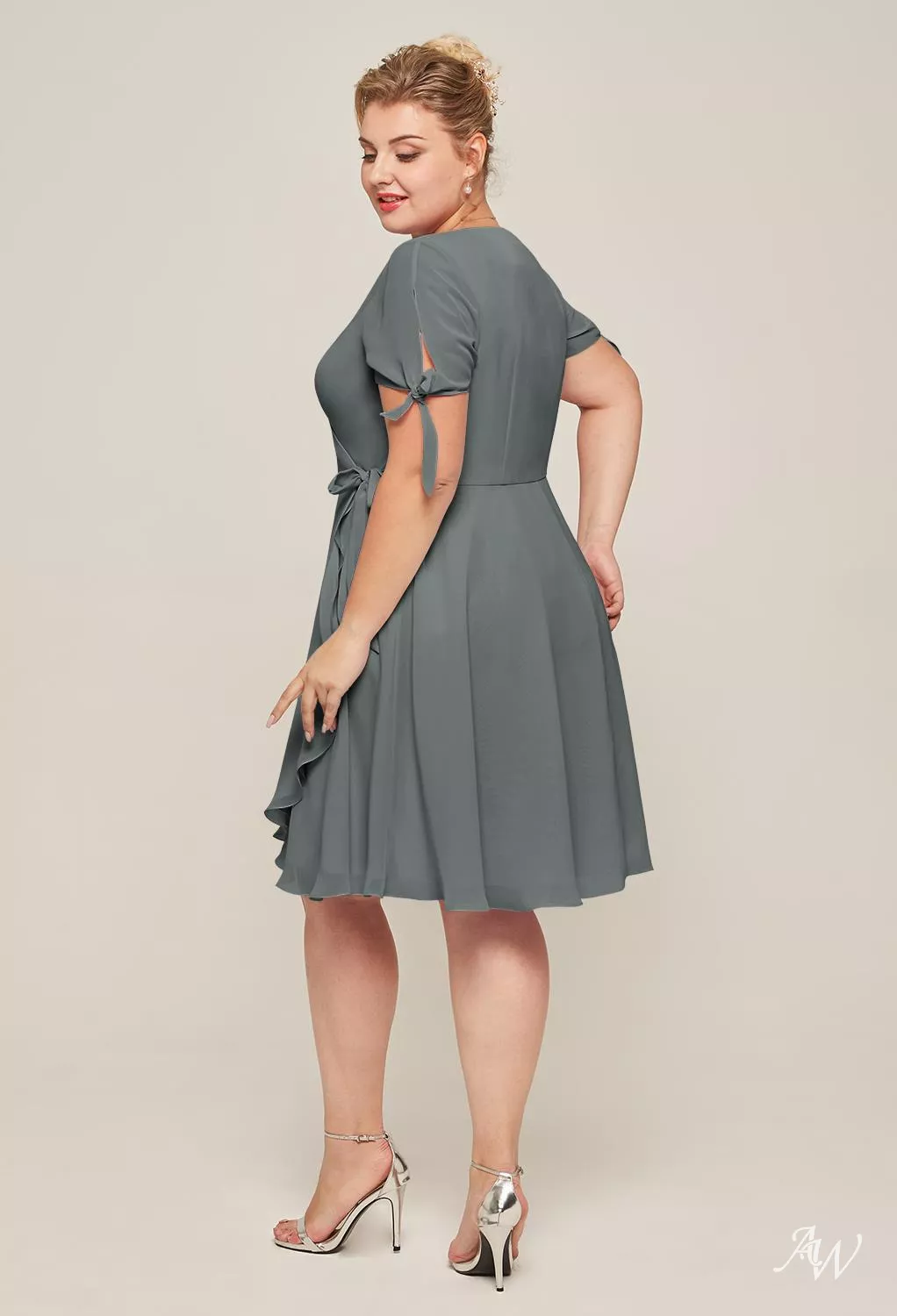gray knee length bridesmaid dress AW.Bridal A-line V-Neck Short Sleeves Bow/Bowknot Wedding Guest Dresses Steel Size 18 Anisia