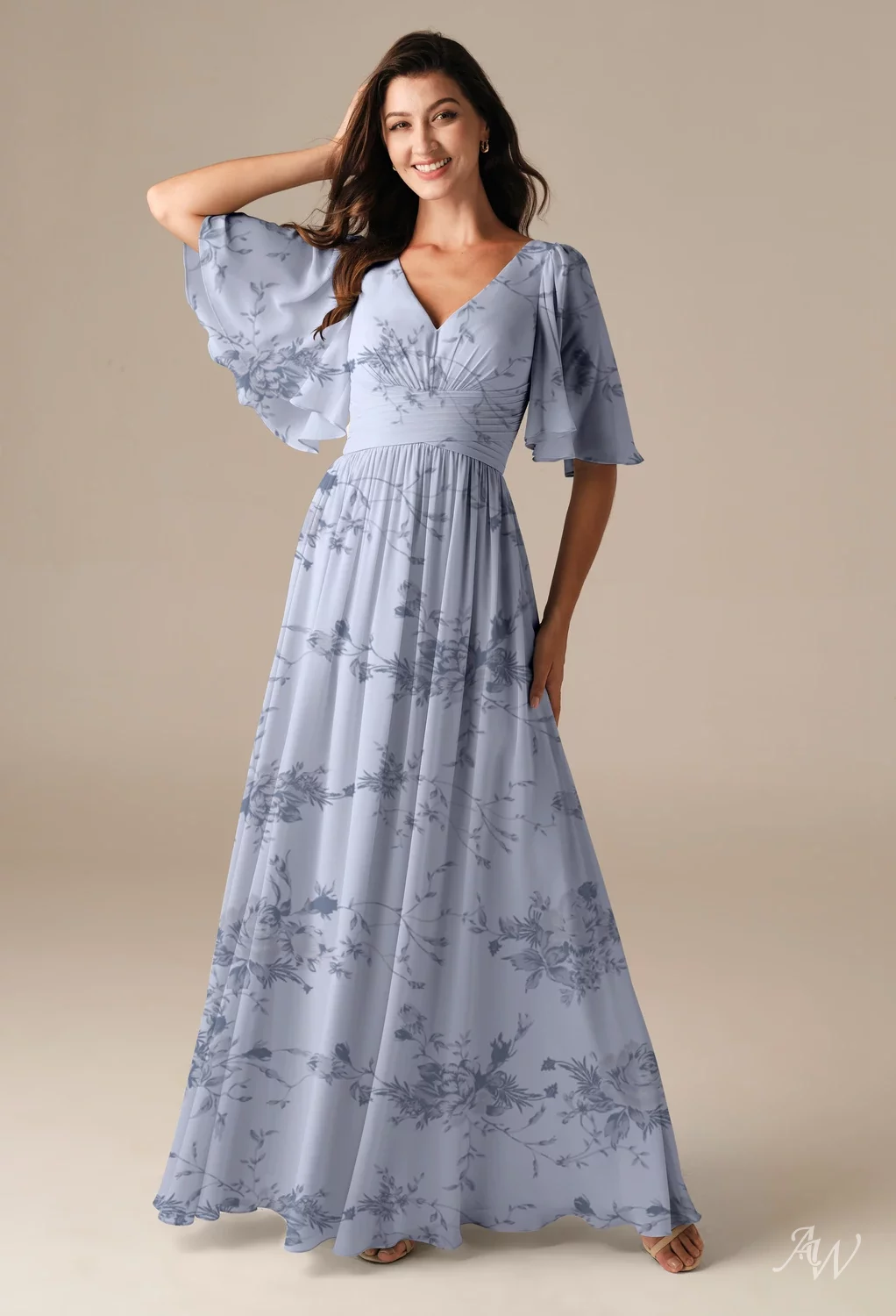 AW Kenney Dress, Blue Botanical Floral Chiffon Floor Length V-Neck ...