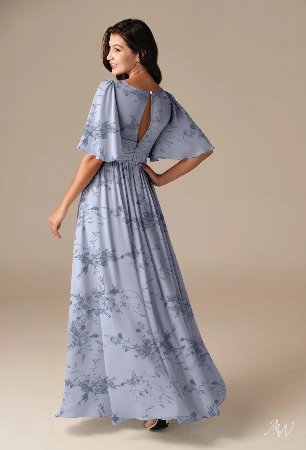 AW Kenney Dress, Blue Botanical Floral Chiffon Floor Length V-Neck ...
