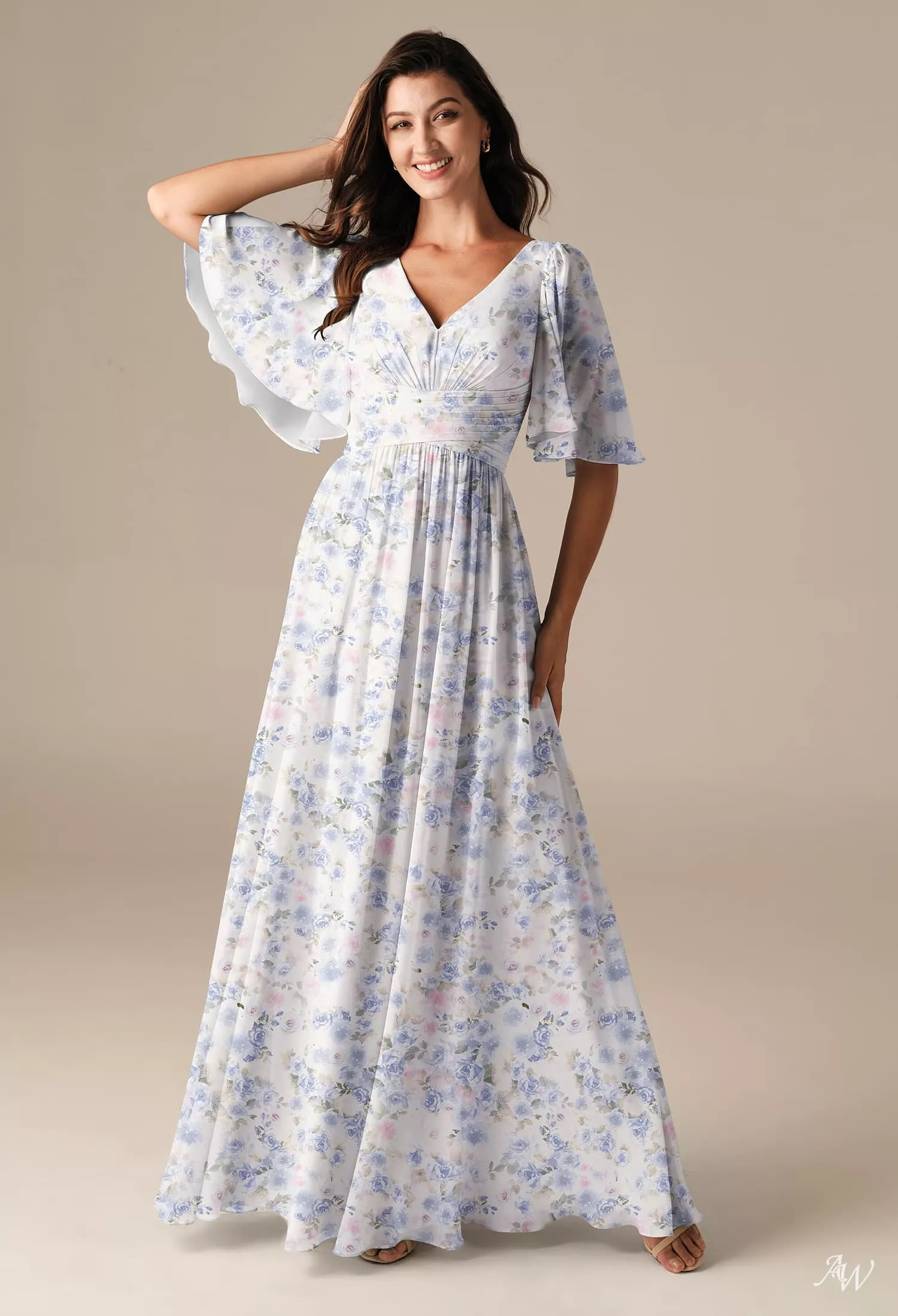 AW.Bridal A-line V-Neck Floor Length Short Sleeves Ruching Floral Bridesmaid Dresses Floral Dress Azure Purple Print Size 4