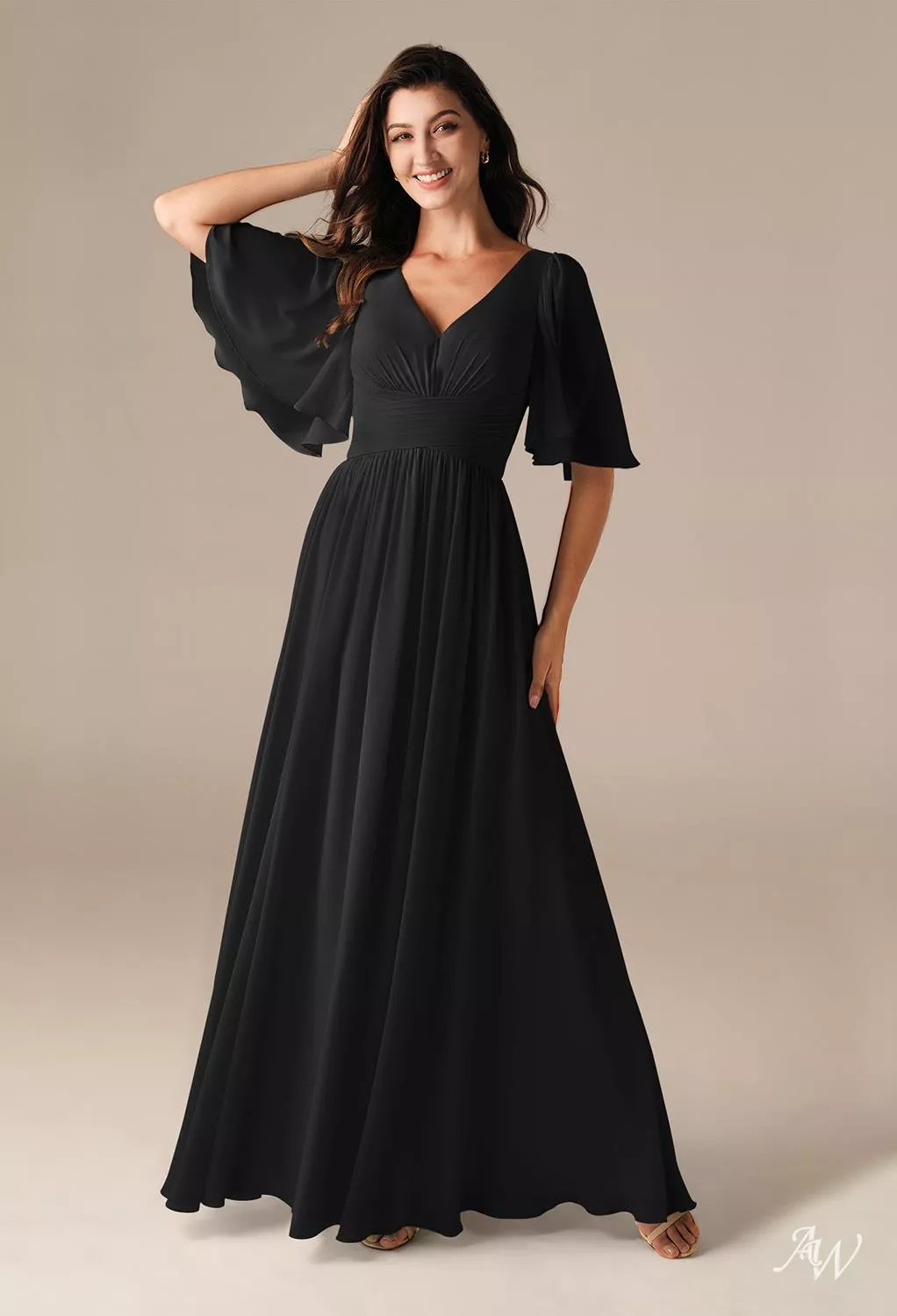 AW.Bridal A-line V-Neck Floor Length Short Sleeves Ruching Long Bridesmaid Dresses Dress Black Size 18