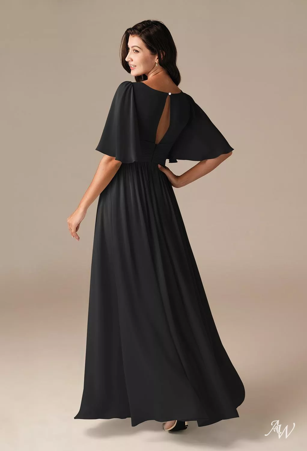 lulus wedding bridesmaid dresses Black Flutter Sleeves Lace Chiffon Bridesmaid Gown