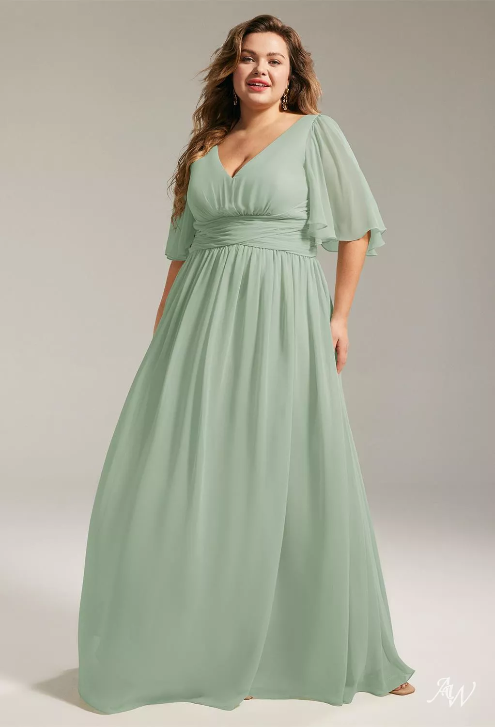 plus sage green bridesmaid dresses AW.Bridal A-line V-Neck Floor Length Sleeveless Spaghetti Straps Chiffon Ruching Split Long Bridesmaid Dresses Sage Green Plus Size 16