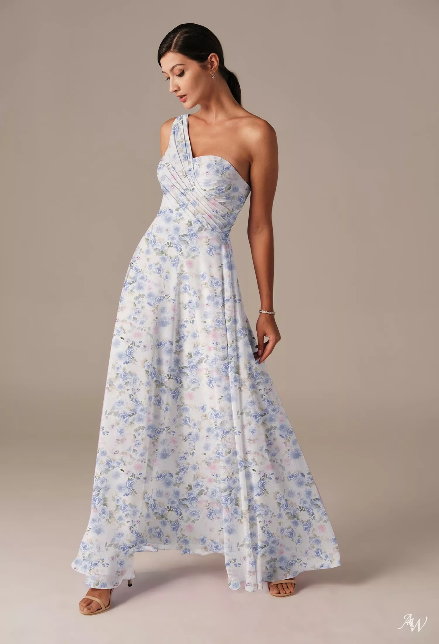 AW.Bridal A-line One Shoulder Floor Length Sleeveless Floral Plus Size Dresses Floral Dress Azure Purple Print Plus Size 18