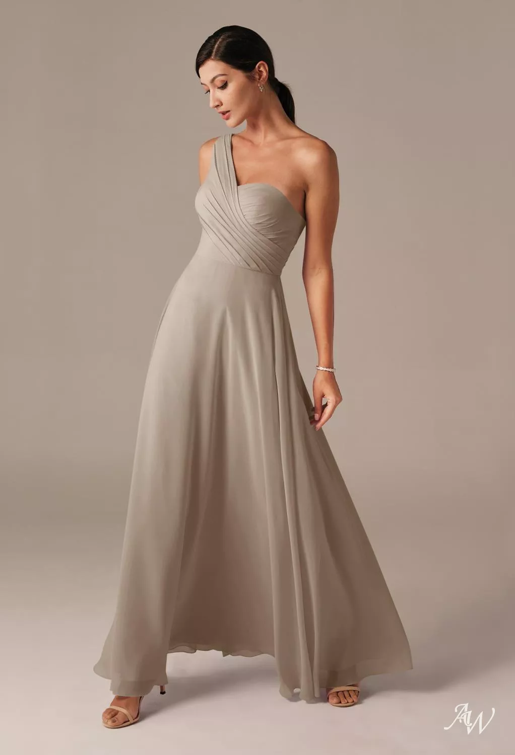 AW.Bridal A-Line One Shoulder Floor Length Sleeveless Chiffon Long Bridesmaid Dresses Taupe Size 4