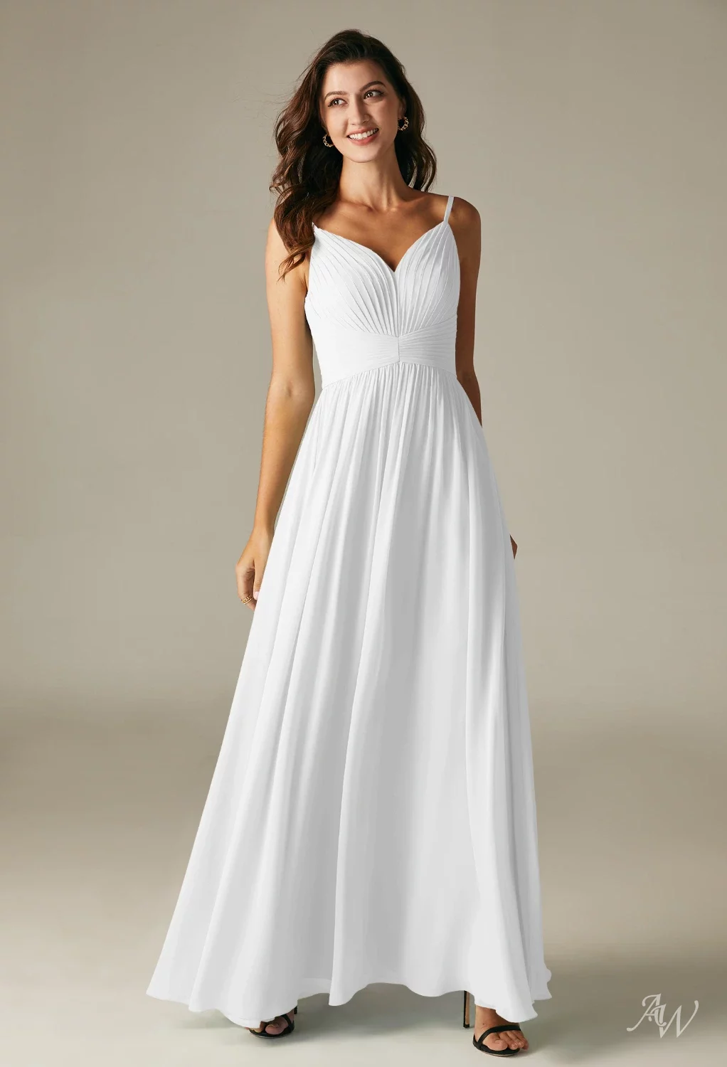 white bridesmaid dresses under 100 AW.Bridal A-line V-Neck Floor Length Sleeveless Spaghetti Straps Long Dress Size 16 line silhouette paired with Crepe Diagonal 32MM Double-Faced Silk Charmeuse Set:Wig