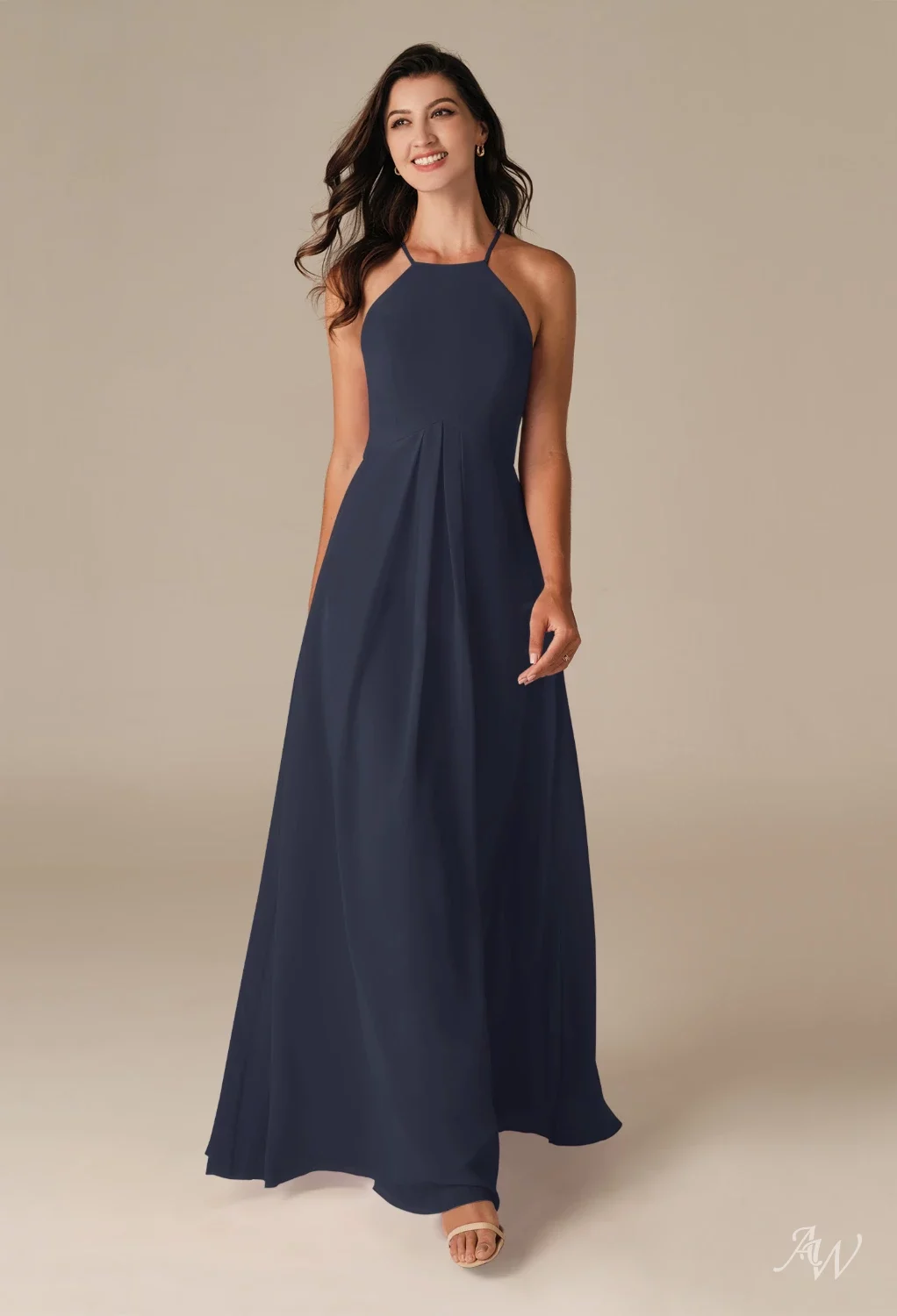 AW.Bridal A-line Halter Neckline Floor Length Sleeveless Cutout Long Bridesmaid Dresses Dress Dark Navy Size 18