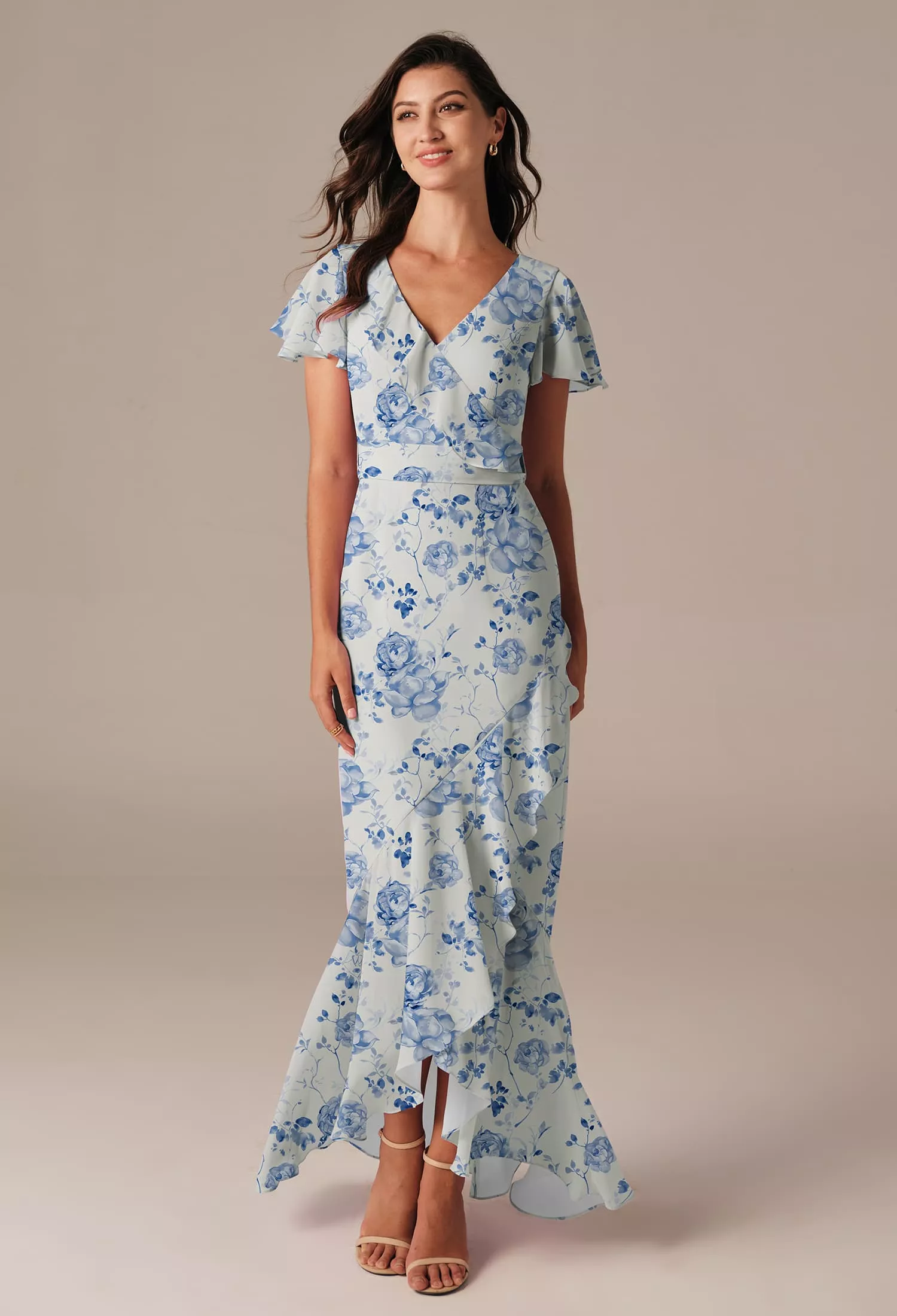 slim fit dress slacks Blue Floral Pleated Ruffles Chiffon Short Bridesmaid Dresses main image 1