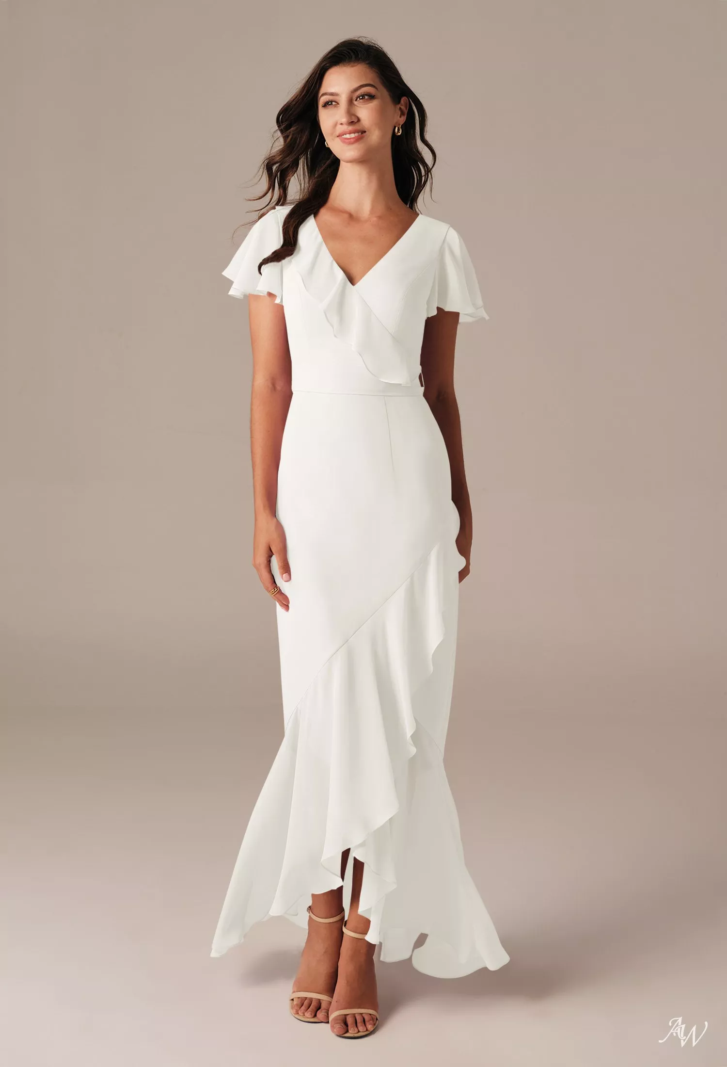 short ivory bridesmaid dresses AW.Bridal Mermaid V-Neck Hi Lo Short Sleeves Chiffon Ruffles Wedding Guest Dresses Ivory Plus Size 18