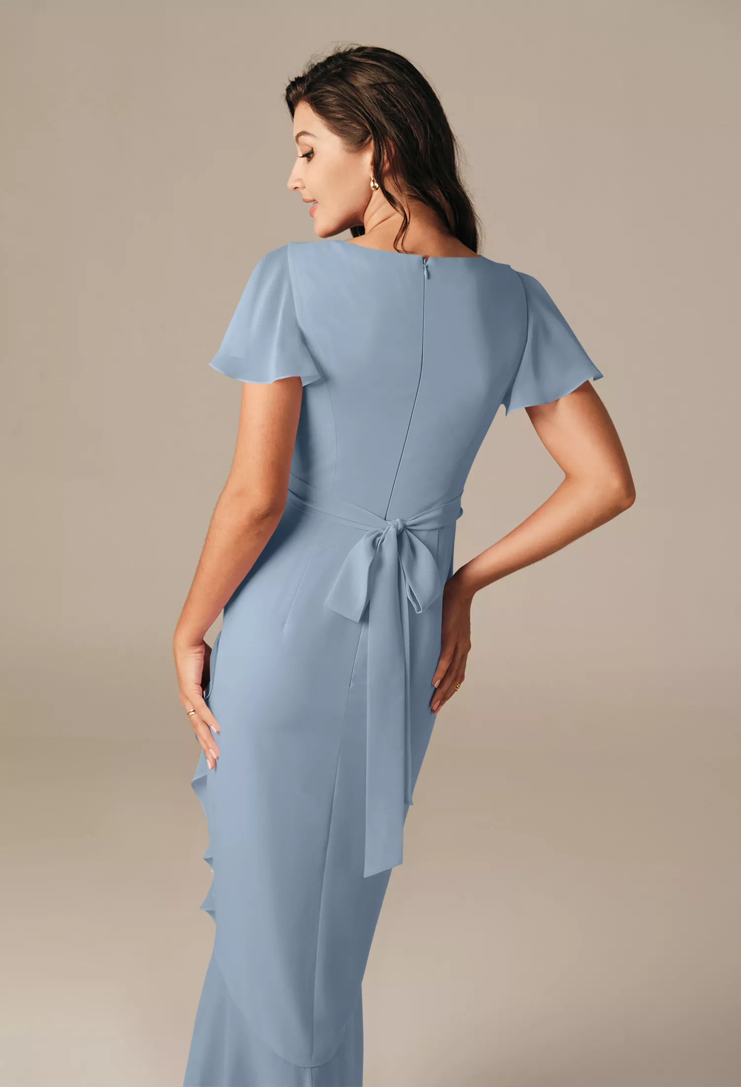 elegant light blue dresses for wedding guests Zapakasa Women Sky Blue Wedding Guest Dress Ruffle Sleeves Chiffon Tea  Length Bridesmaid Dresses main image 1