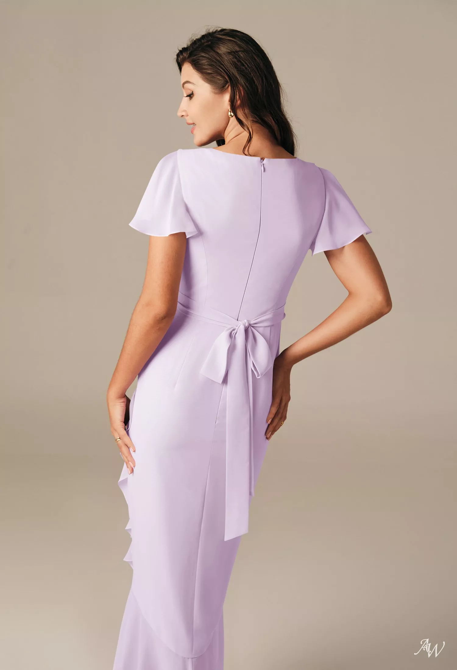 AW.Bridal Mermaid V-Neck Hi Lo Short Sleeves Chiffon Ruffles Long Bridesmaid Dresses Lilac Plus Size 16