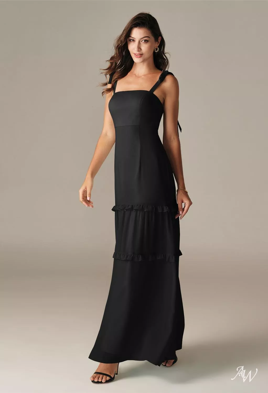 AW.Bridal A-line Square Neckline Floor Length Sleeveless Spaghetti Straps Wedding Guest Dresses Dress Black Size 18