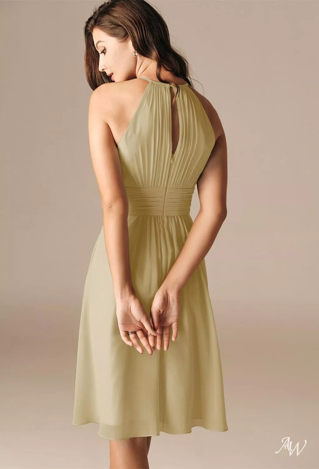 AW.Bridal A-Line Halter Neckline Knee Length Sleeveless Ruching Short Bridesmaid Dresses Dress Champagne Size 18