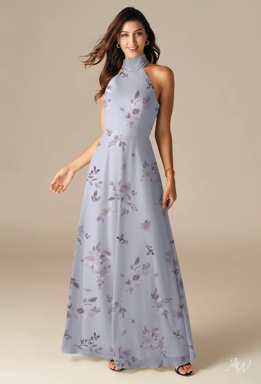 AW.Bridal A-line Halter Neckline Floor Length Sleeveless Floral Bridesmaid Dresses Floral Dress Lavender Mist Floral Size 4