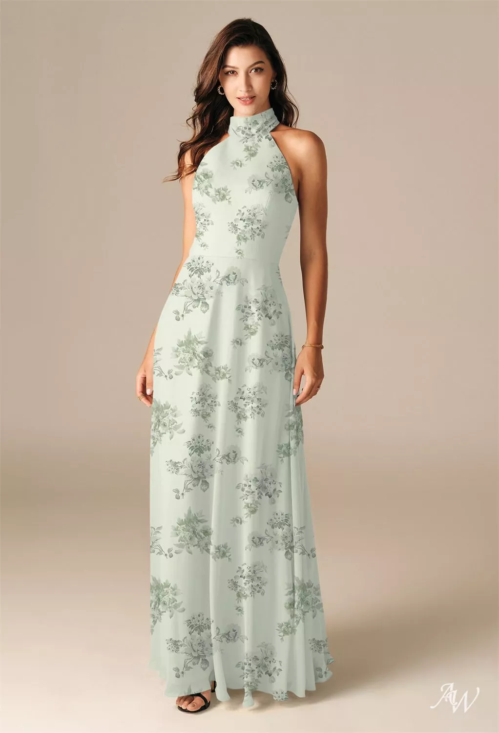 AW.Bridal A-line Halter Neckline Floor Length Sleeveless Floral Bridesmaid Dresses Floral Dress Pistachio Green Penoy Size 6