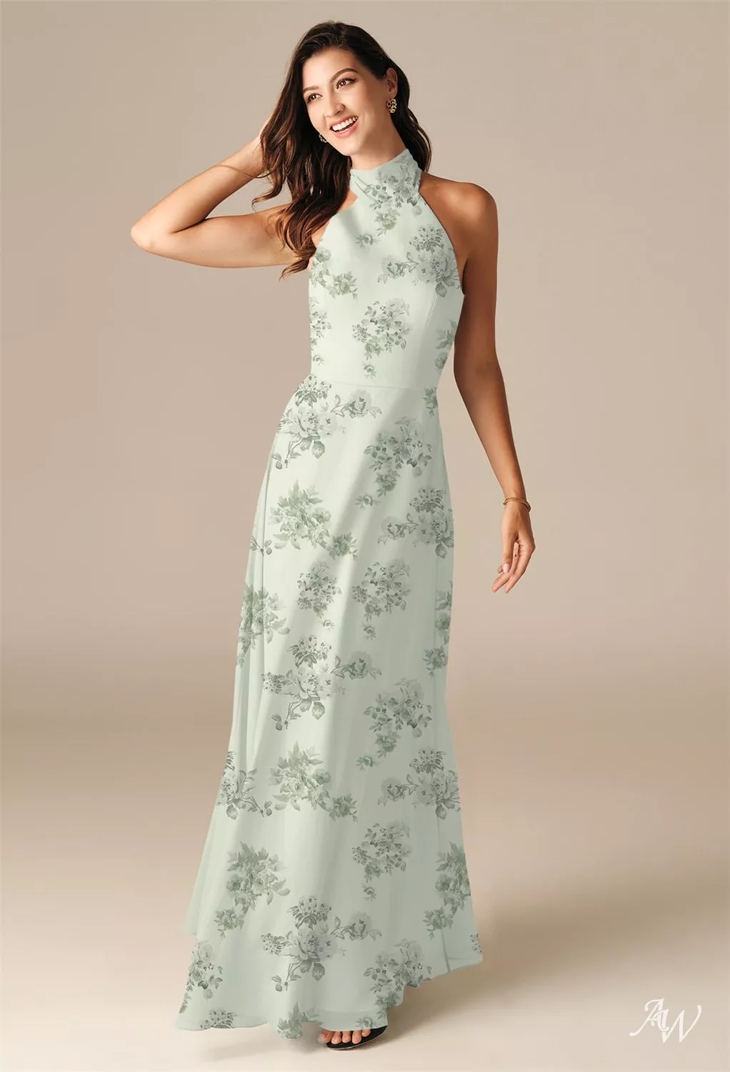 AW.Bridal A-line Halter Neckline Floor Length Sleeveless Floral Bridesmaid Dresses Floral Dress Pistachio Green Penoy Size 6