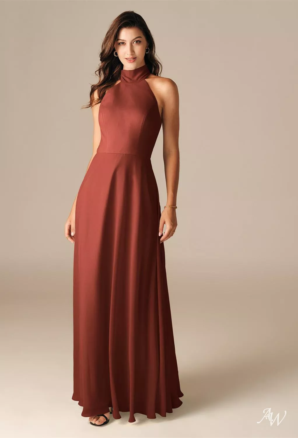 AW.Bridal A-Line Halter Neckline Floor Length Sleeveless Chiffon Long Bridesmaid Dresses Rust Size 6