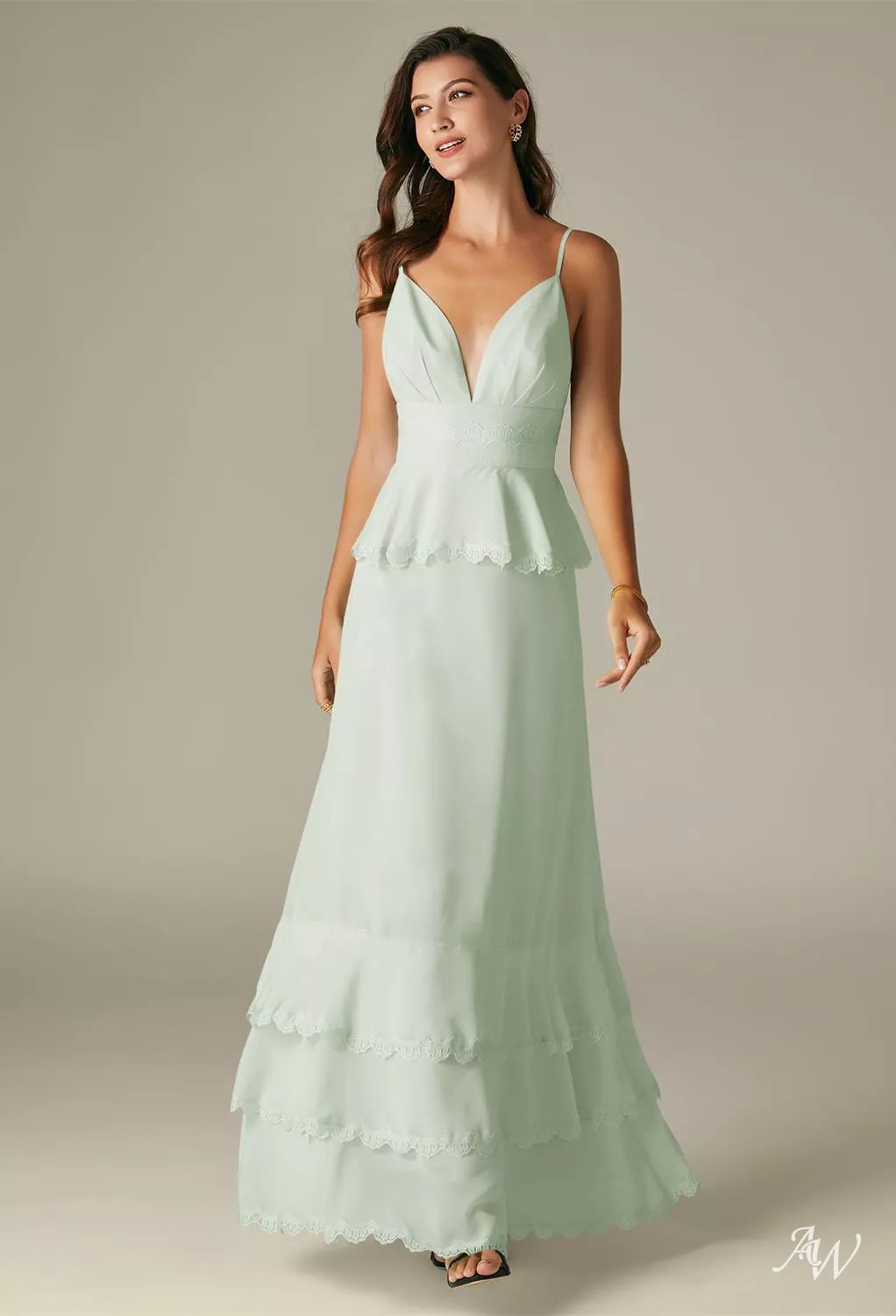 AW.Bridal A-line V-Neck Floor Length Sleeveless Spaghetti Straps Chiffon Long Bridesmaid Dresses Sage Green Size 16