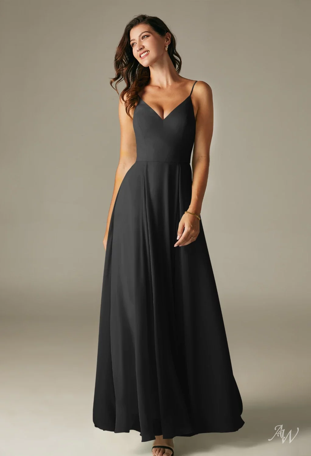 AW.Bridal A-line V-Neck Floor Length Sleeveless Spaghetti Straps Chiffon Long Bridesmaid Dresses Black Size 6