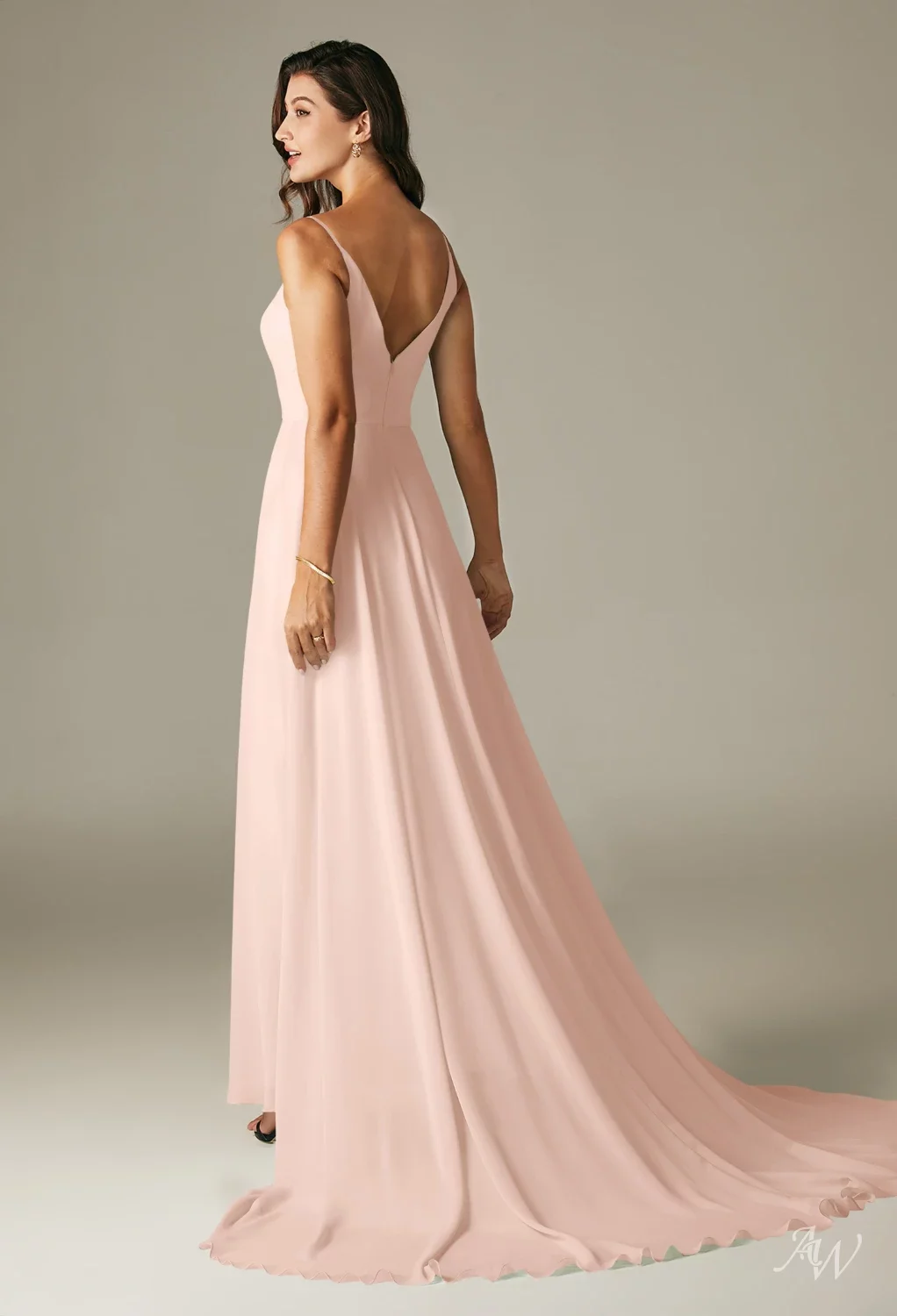 evie bridesmaid dress AW.Bridal A-line V-Neck Floor Length Sleeveless Spaghetti Straps Chiffon Long Bridesmaid Dresses Pearl Pink Size 16