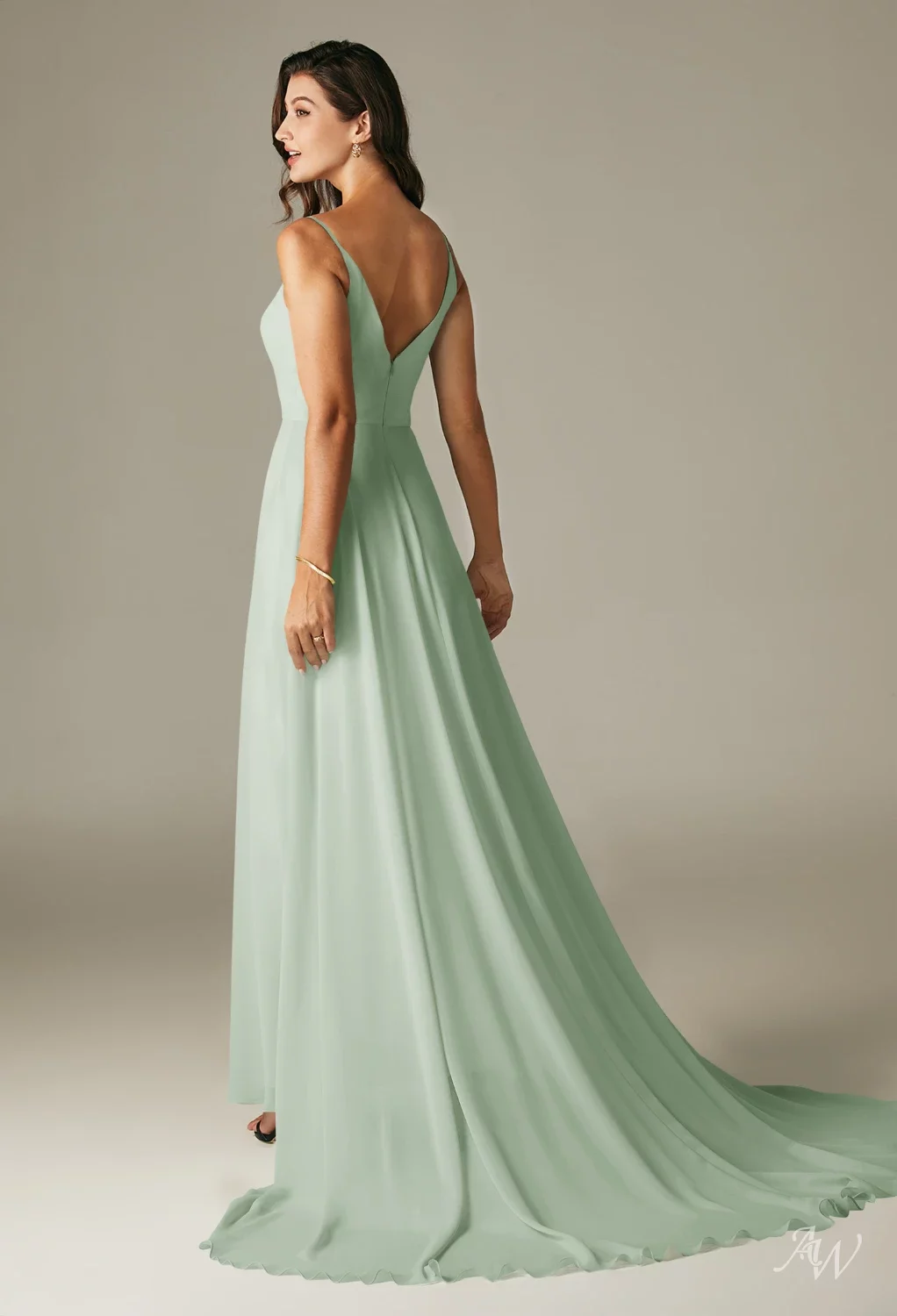 AW.Bridal A-line V-Neck Floor Length Sleeveless Spaghetti Straps Long Bridesmaid Dresses Dress Sage Green Size 6