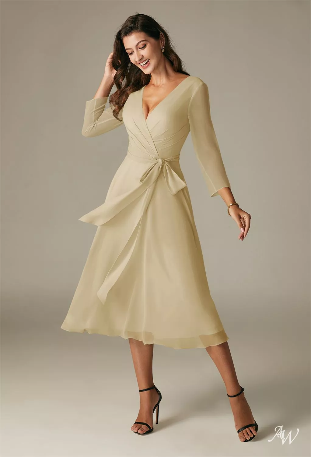 champagne wrap bridesmaid dresses Light Champagne Wrap Satin Dress With Flutter Sleeves