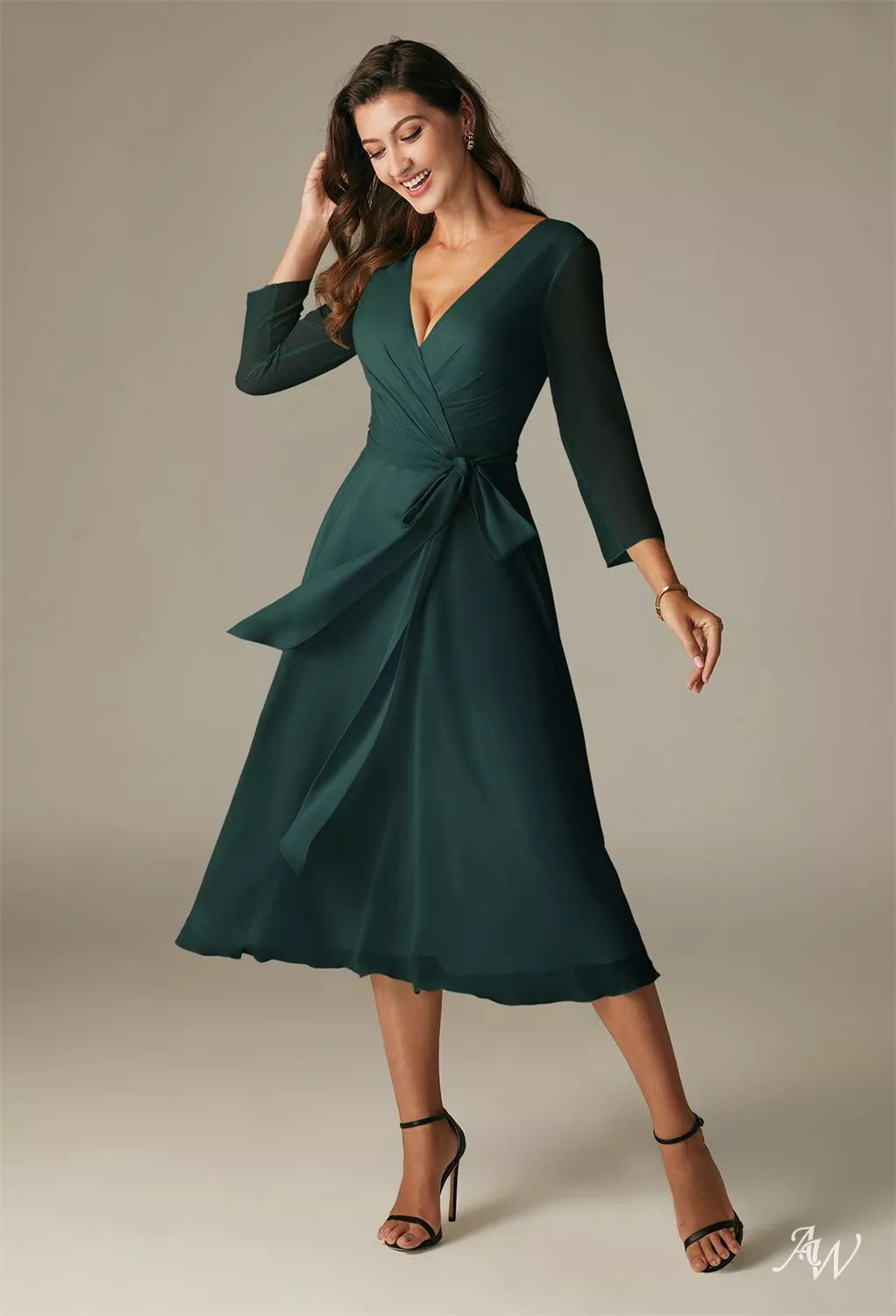 three quarter length bridesmaid dresses AW.Bridal A-line V-Neck Tea Length 3/4 Sleeves Wedding Guest Dresses Dress Dark Emerald Size 8