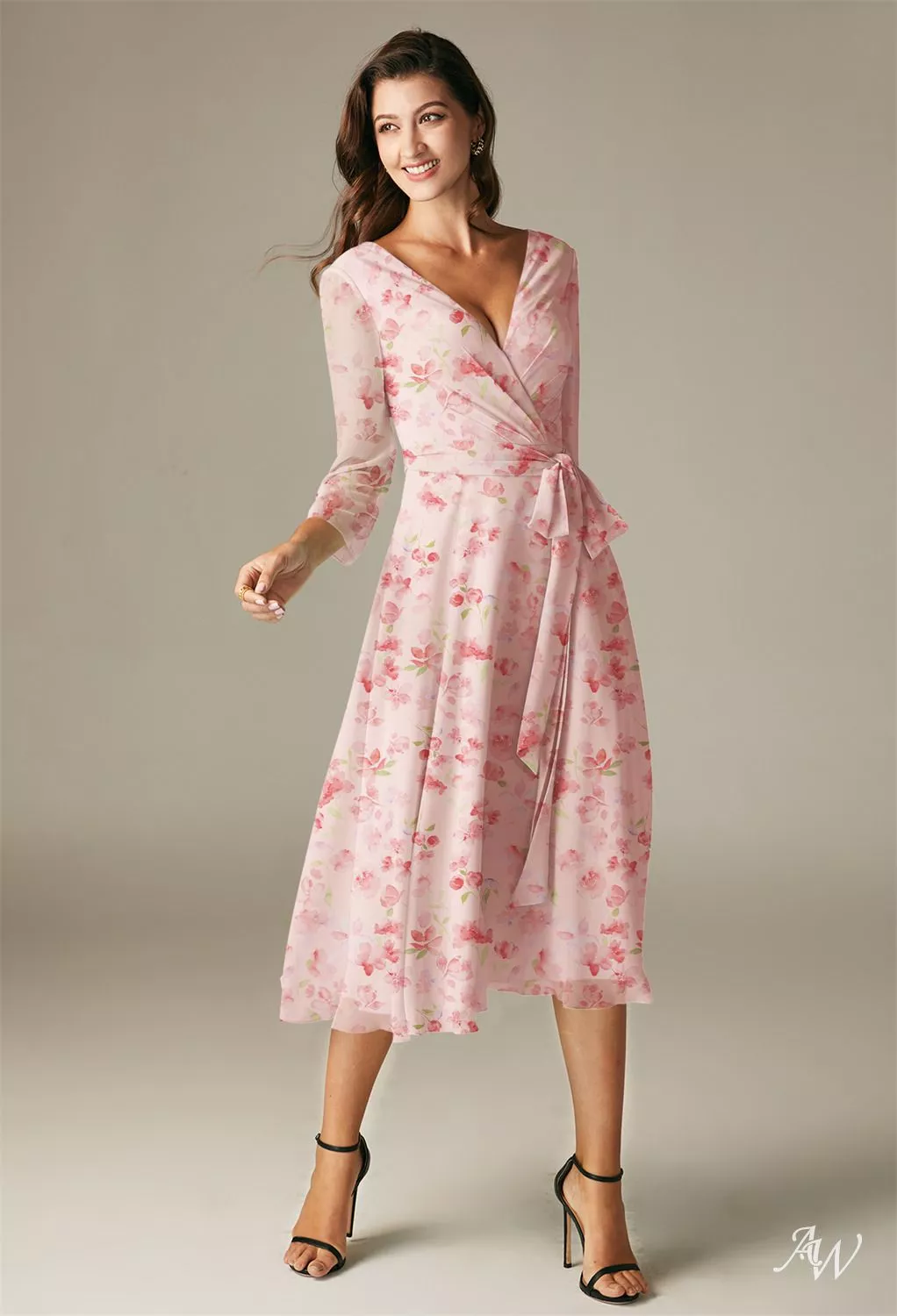 AW.Bridal A-line V-Neck Tea Length 3/4 Sleeves Floral Wedding Guest Dresses Floral Dress Peach Blossom Breeze Size 18