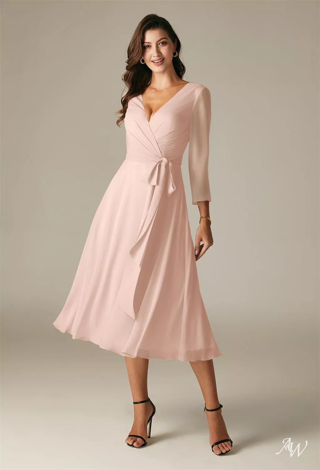 pink tea length bridesmaid dresses A-line Satin Pink Tea-Length Bridesmaid Dress with Bow Sash – loveangeldress