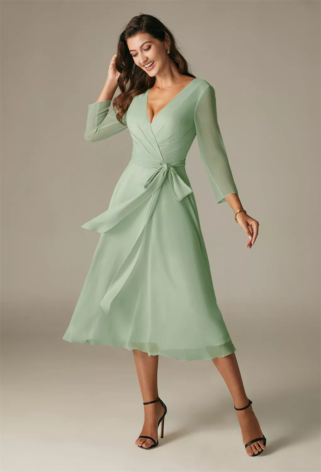 Chiffon Dress SMALAKAM Sage Green Bridesmaid Dress  Short Sleeve Pleated  Chiffon V-Neck Formal Evening Gown Short Sleeve Formal Bridesmaid Dress
