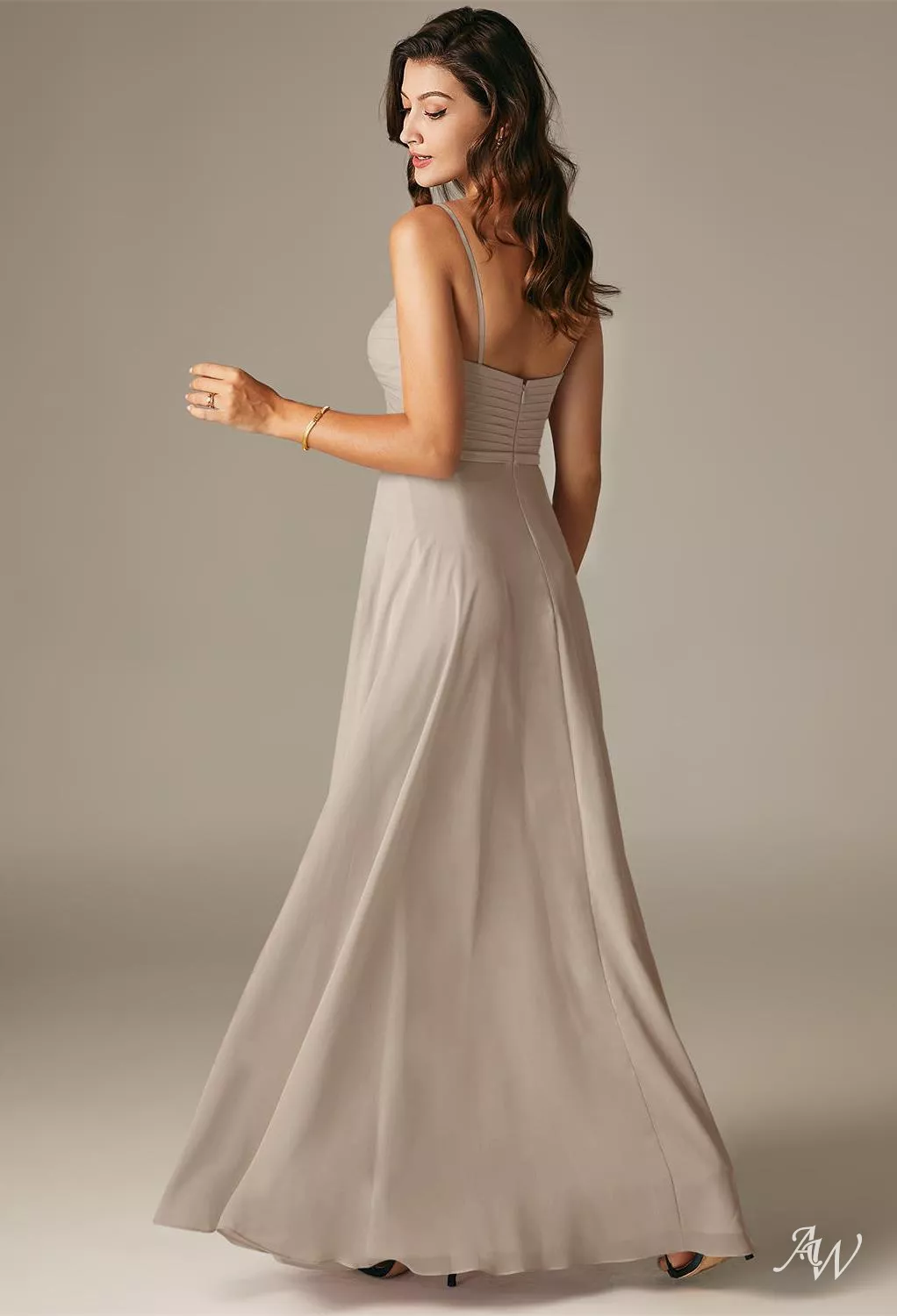 bridesmaid dresses columbus ga AW.Bridal A-line Sweetheart Neckline Floor Length Sleeveless Spaghetti Straps Long Dress Taupe Size 16 Size:XSP plp-51044 Dress shops Cheryl Fernandez-Versini and Abbey with simple silver earrings