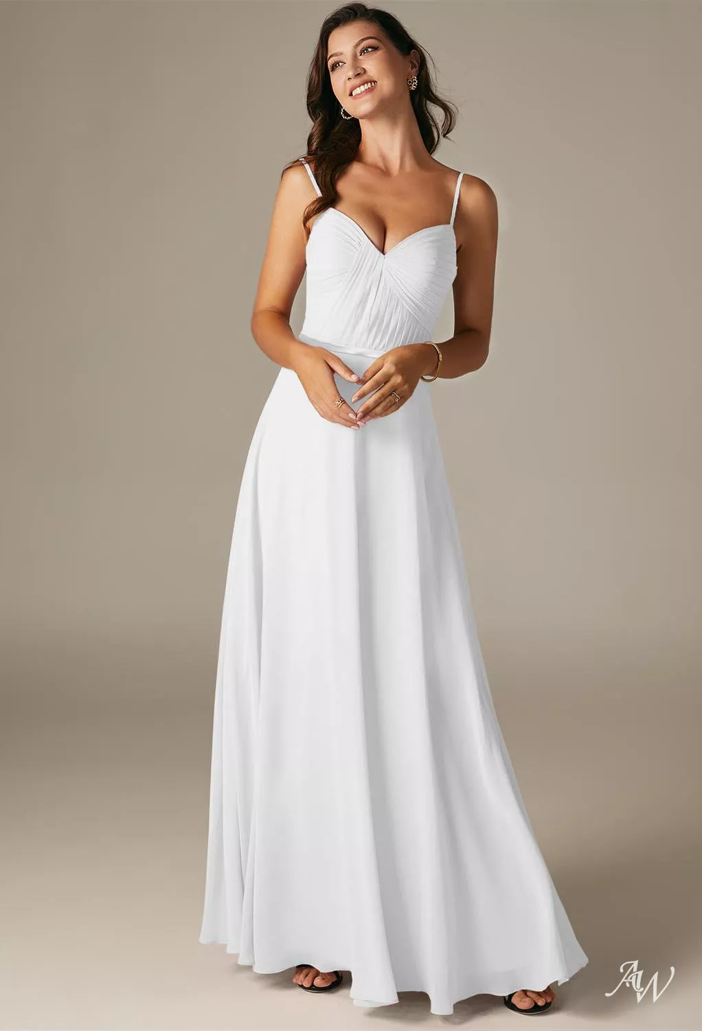 AW.Bridal A-line Sweetheart Neckline Floor Length Sleeveless Spaghetti Straps Chiffon Long Bridesmaid Dresses White Size 6