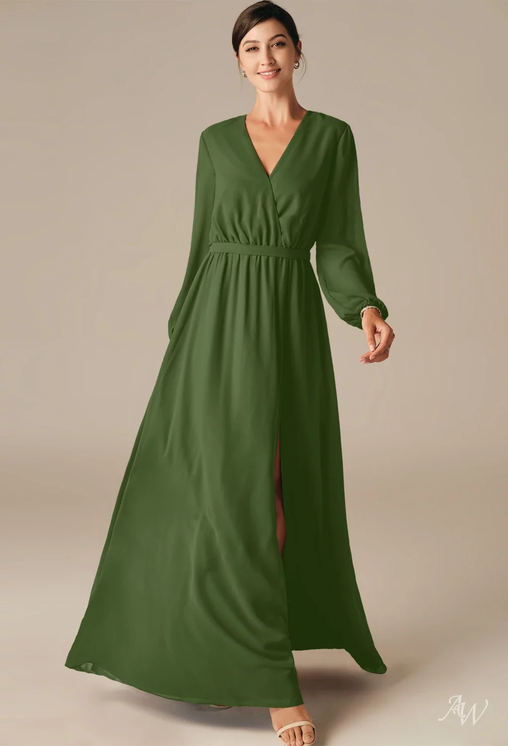 green emerald velvet dress Valencia Long Sleeve Bridesmaids Dress in Olive Green