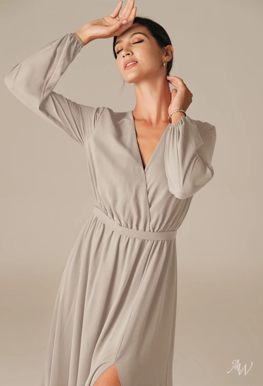 taupe long sleeve bridesmaid dresses AW.Bridal A-line V-Neck Floor Length Sleeves Split Long Dress Size 6 Floor length