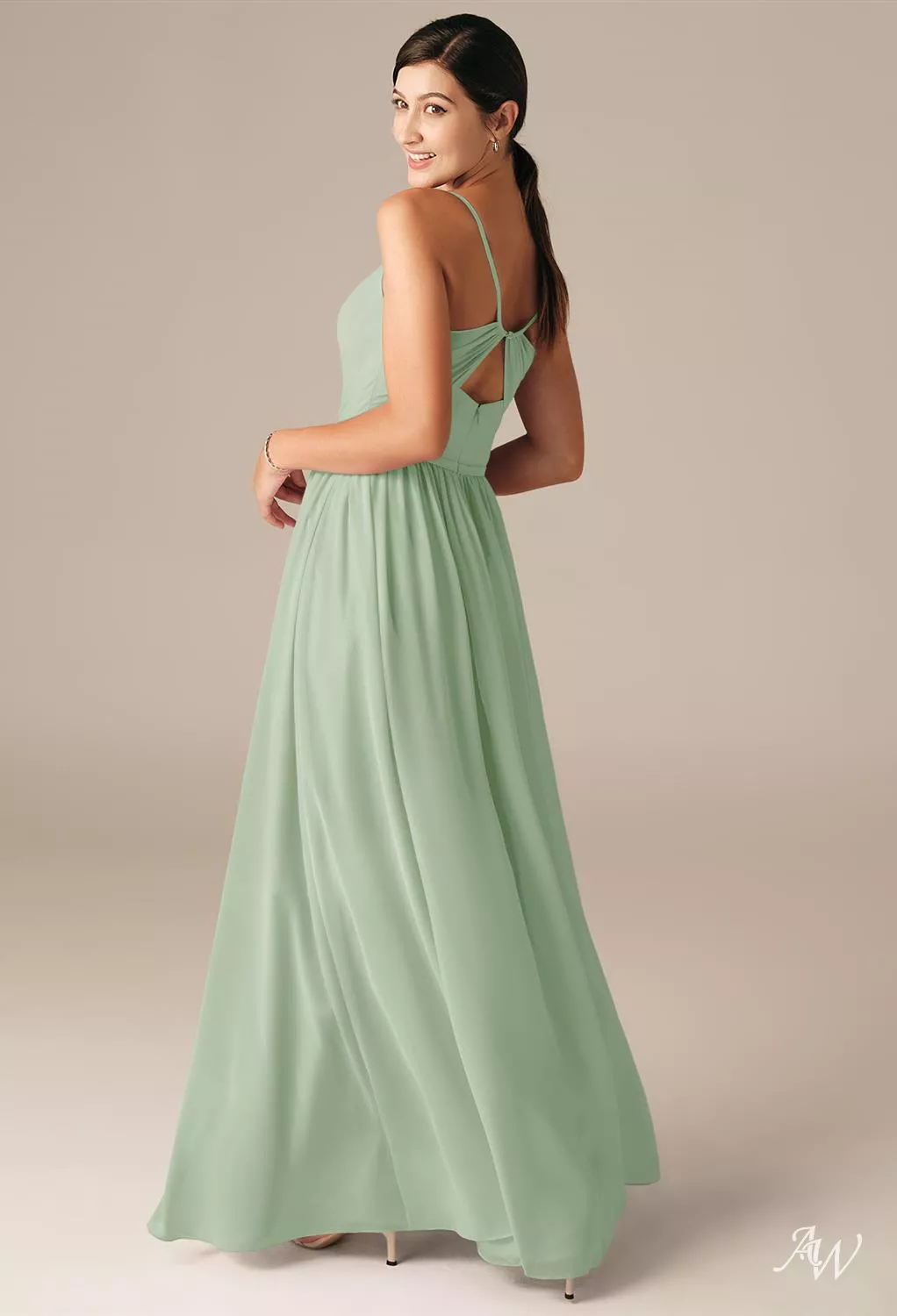 green bridesmaid dresses BABARONI V Neck Maxi Chiffon Dresses with Ziper Back Olive Green, Olive Green / US0 main image 0