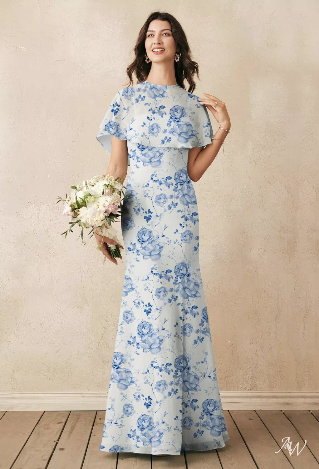 botanical bridesmaid dress AW.Bridal Mermaid Square Neckline Floor Length Sleeveless Spaghetti Straps Floral Bridesmaid Dresses Floral Dress Blue Botanical Floral Size 18