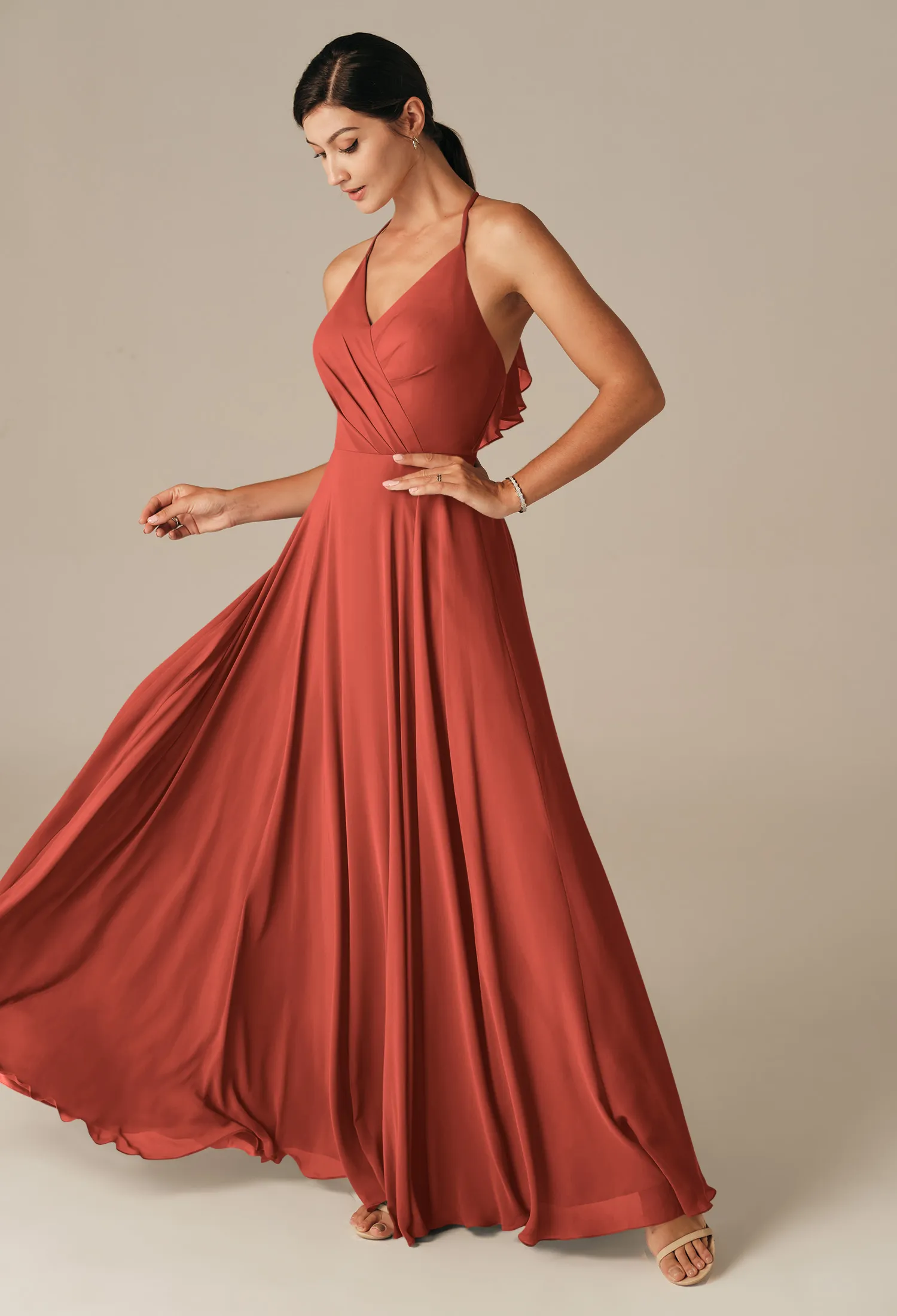 halter ruched waist georgette bridesmaid dress Kenzie Elegant Halter Ruched Floor Length Long Chiffon Bridesmaid Dresses, Dusty Purple main image 1
