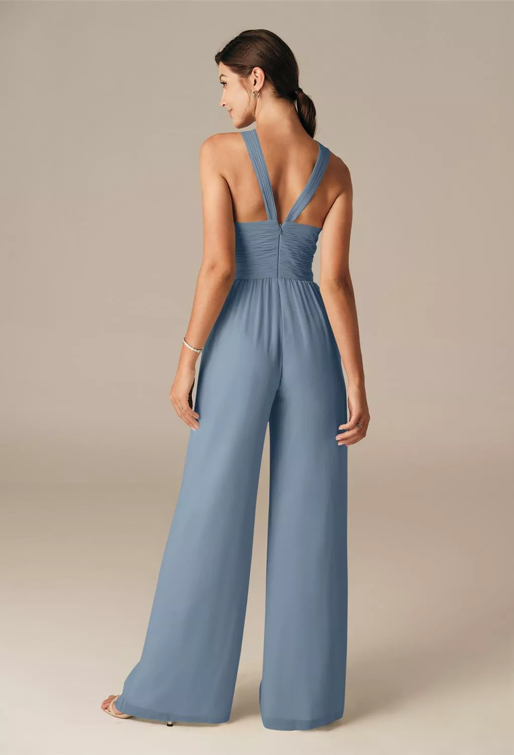 blue dress for baby girl Wedtrend Women Dusty Blue Halter Neck Open Back Ruched Long Chiffon Bridesmaid Dress Party Dress, Dusty Blue / US16W main image 0