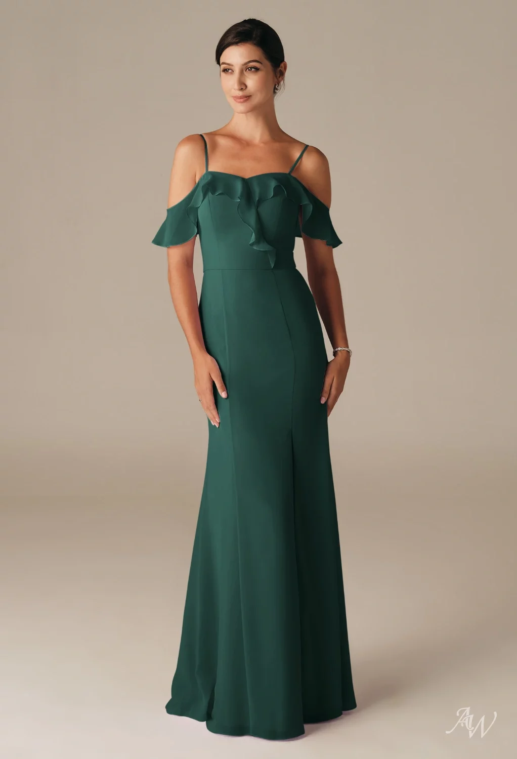 deep emerald green bridesmaid dresses AW.Bridal Mermaid Square Neckline Floor Length Short Sleeves Ruffles Split Long Dress Dark Size 4 BestCouture