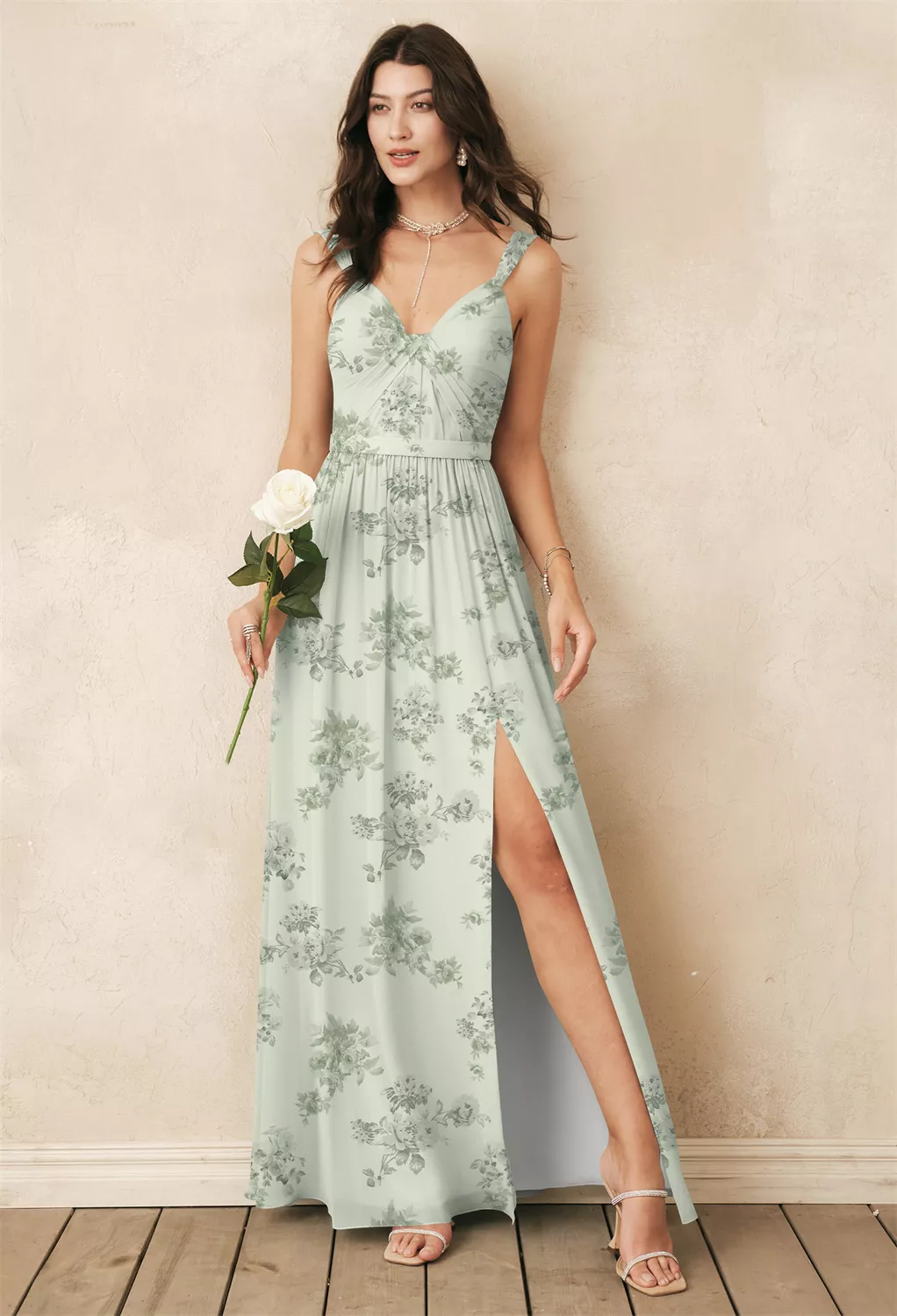 green emerald velvet dress LONG PISTACHIO GREEN DRESS WITH APPLIQUÉ main image 1