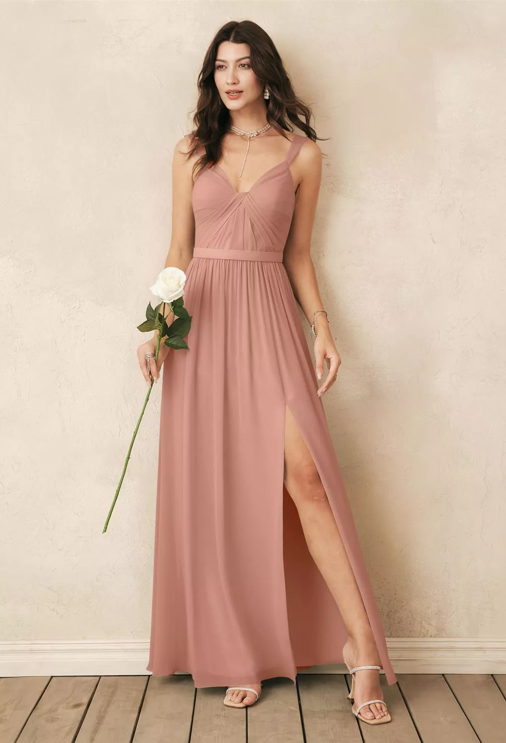 princess polly baby blue dress Zapaka Women Dusty Rose Satin A-Line Pleated V-Neck Long Junior Bridesmaid Dress, Chiffon Color / J10 main image 0