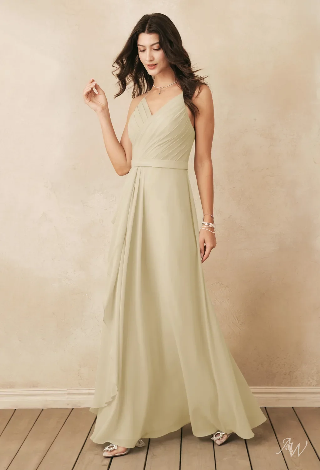 AW.Bridal A-line V-Neck Floor Length Sleeveless Cutout Long Bridesmaid Dresses Dress Champagne Size 8