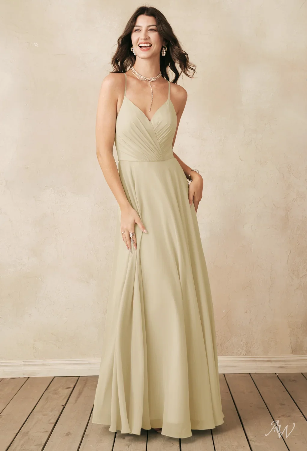 AW.Bridal A-line V-Neck Floor Length Sleeveless Spaghetti Straps Crisscross Back Long Bridesmaid Dresses Dress Champagne Size 8
