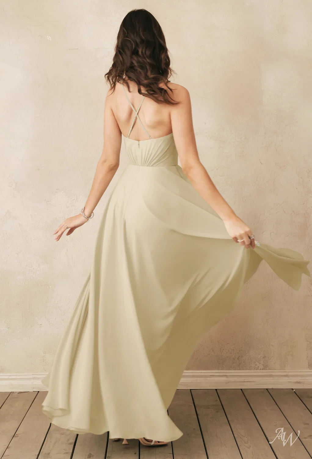 AW.Bridal A-line V-Neck Floor Length Sleeveless Spaghetti Straps Crisscross Back Long Bridesmaid Dresses Dress Champagne Size 8