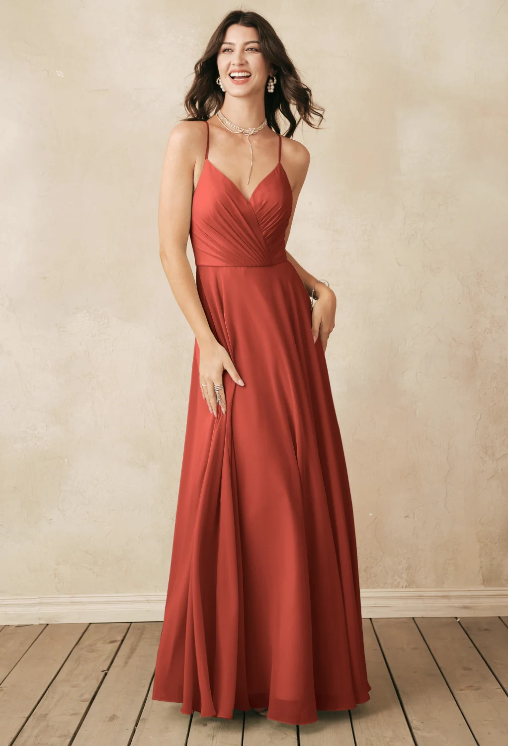 rust maternity bridesmaid dress Azazie A-Line V-Neck Floor-Length Stretch Satin Maternity Bridesmaid Dresses