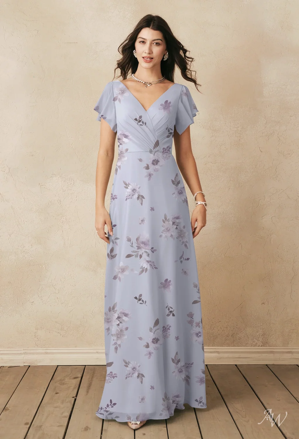 AW.Bridal A-line V-Neck Floor Length Short Sleeves Floral Bridesmaid Dresses Floral Dress Lavender Mist Floral Size 8
