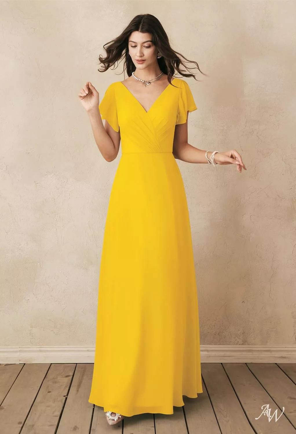 bridal dresses yellow Pearls and Plunging neckline with sheer panel Yellow Sheath Satin Mismatched Bridesmaid