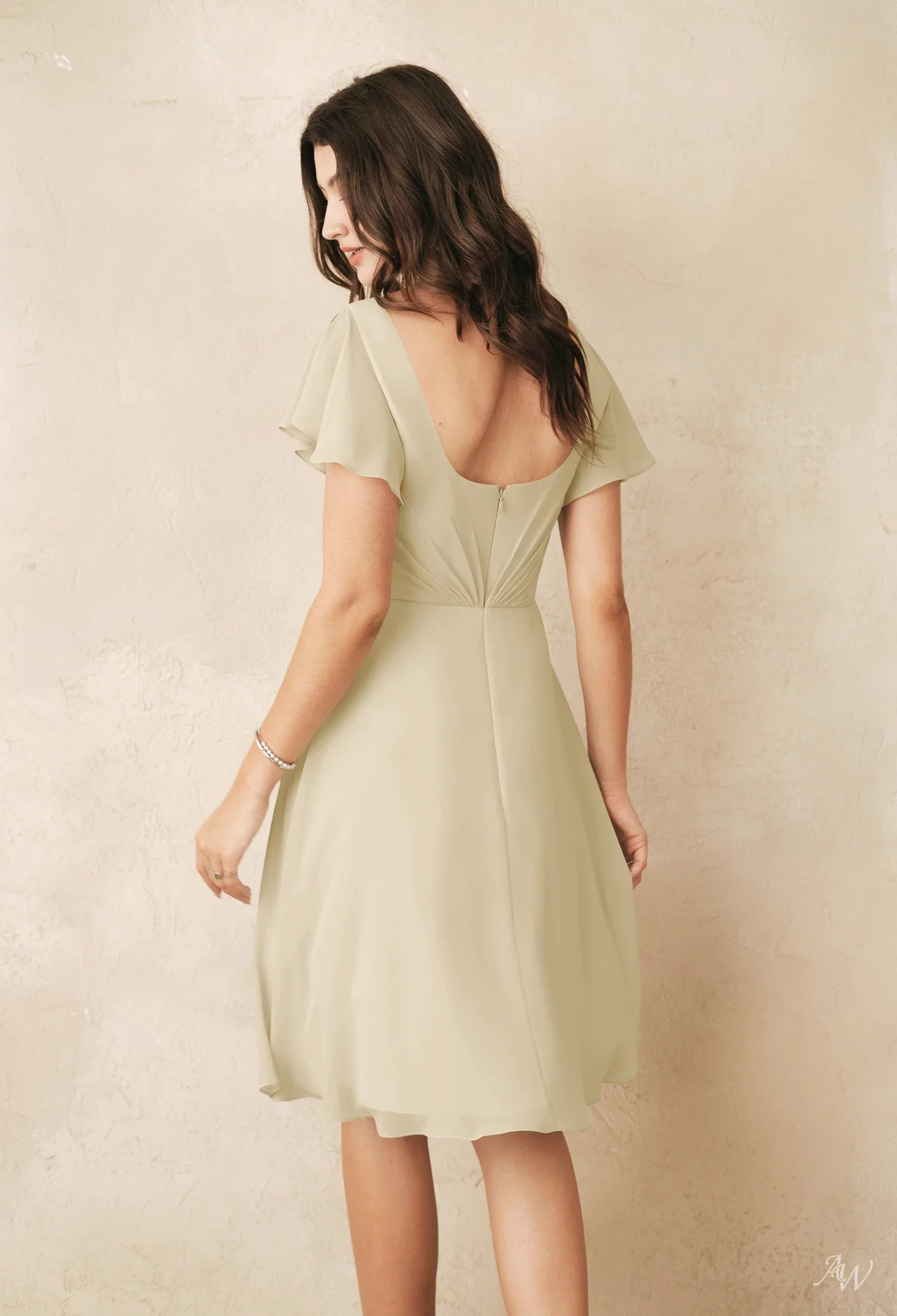 knee length champagne bridesmaid dresses AW.Bridal A-line V-Neck Short Sleeves Short Dress Size 8 AKOEE Women Floral Lace