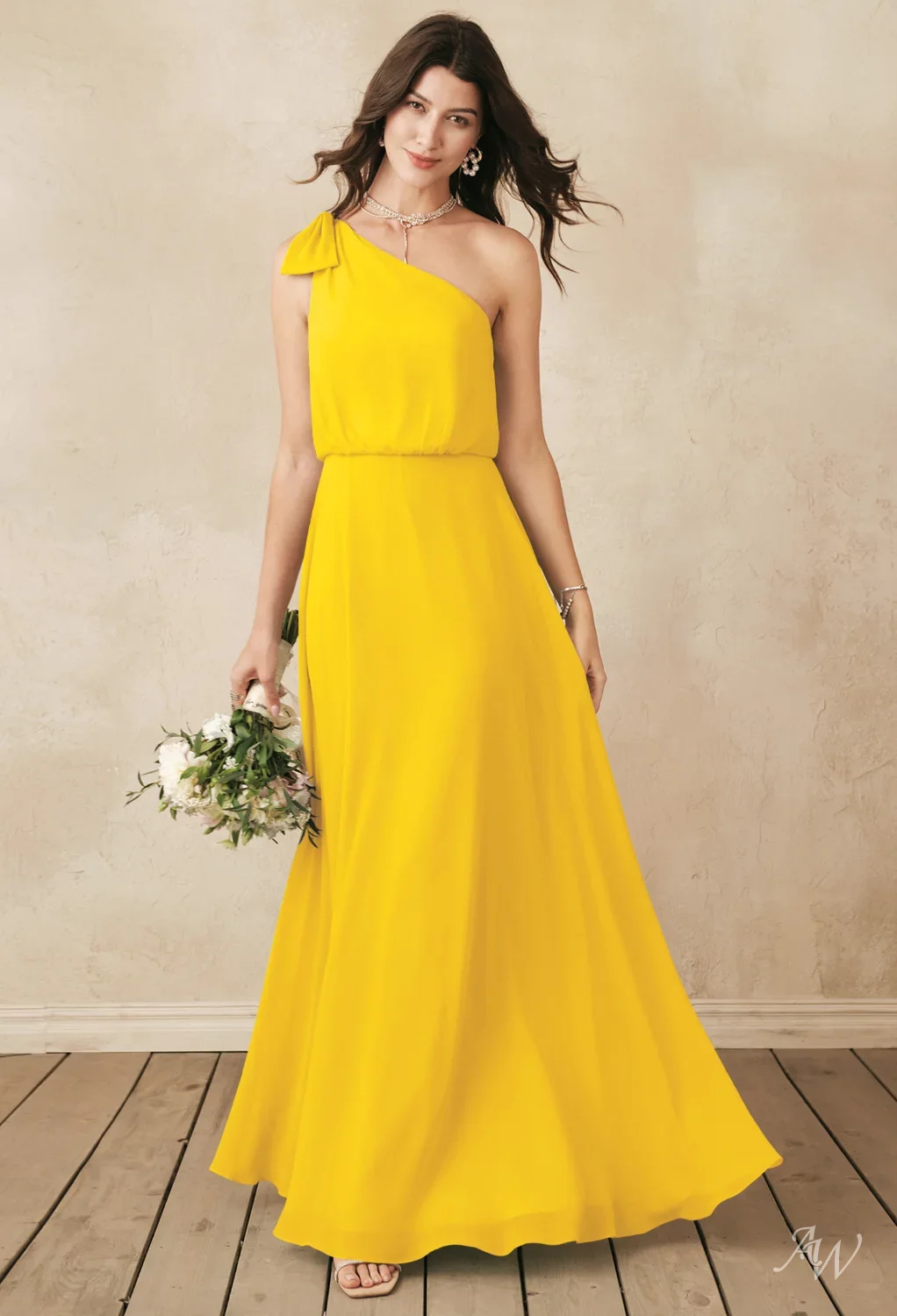 AW.Bridal A-line One Shoulder Floor Length Sleeveless Long Bridesmaid Dresses Dress Mustard Yellow Size 4